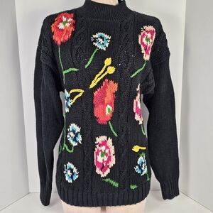 The Import Workshop Sweater Women’s L Black Floral Knit Ramie Cotton Vintage